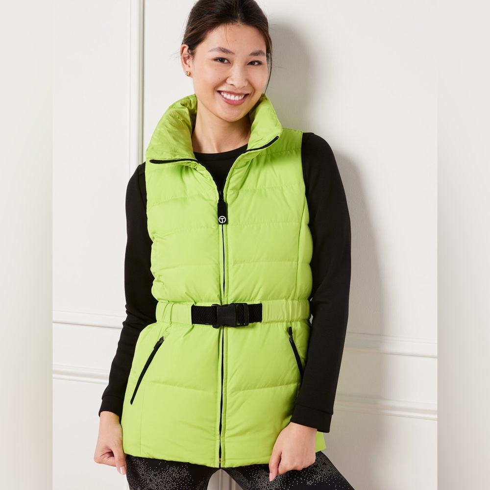 T by Talbots Belted Puffer Neon Green Zip Up Vest Size Lp